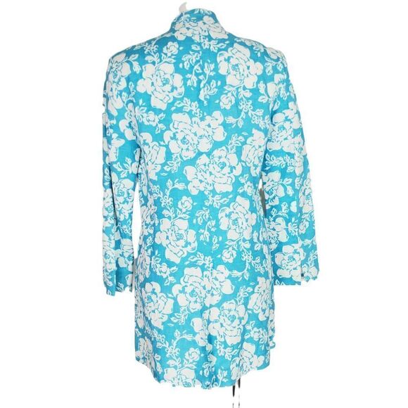 Julian Jones linen blend floral mock neck Long blazer jacket aqua white Size 4 - Picture 5 of 7